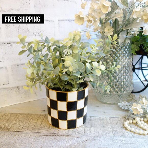 Black White Checked Flower Pot Checked Spring Decor Buffalo Check Flower Pot - Picture 1 of 8